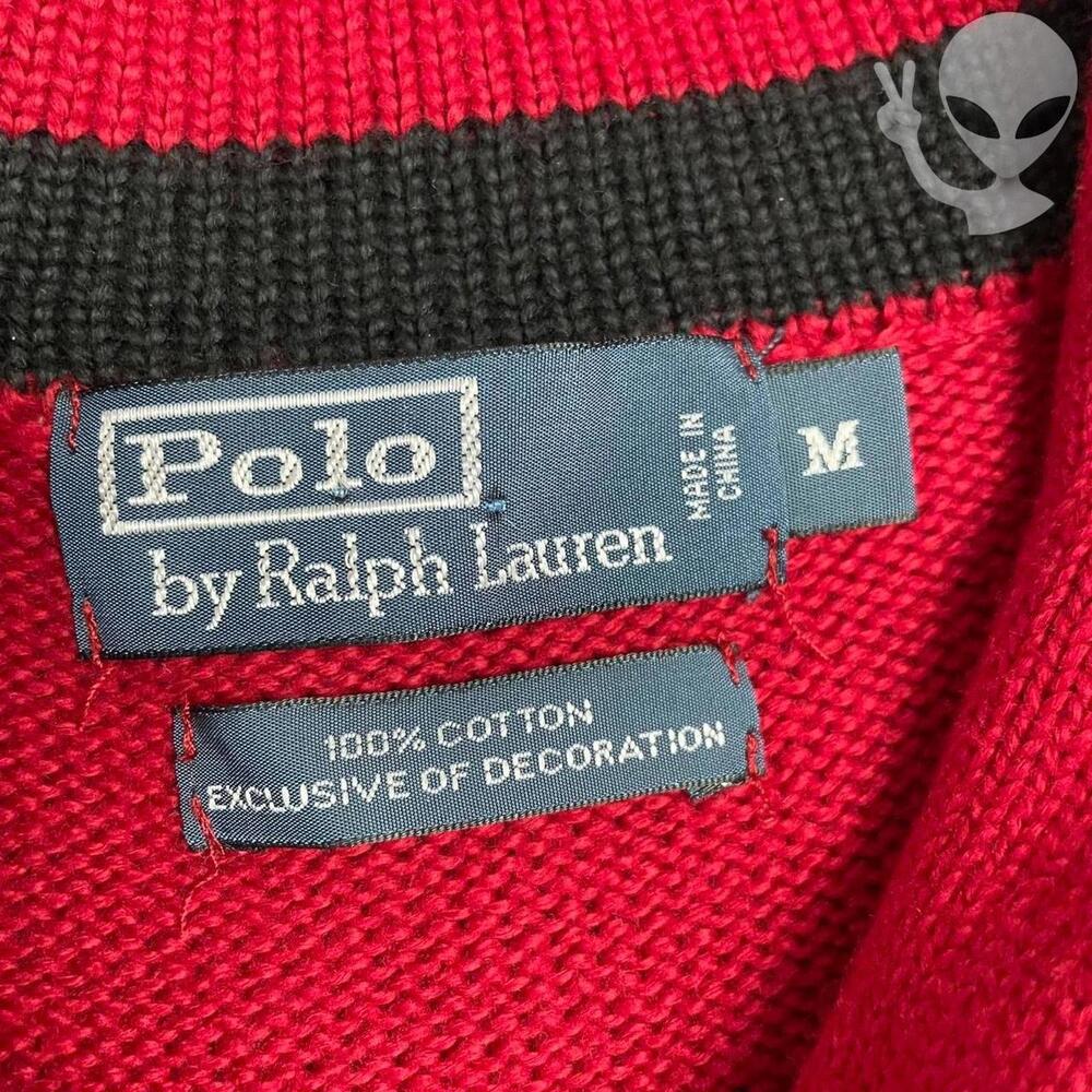 Vintage Polo Ralph Lauren Red Shawl Collar Sweater Black Stripe Medium Preppy - Picture 4 of 8